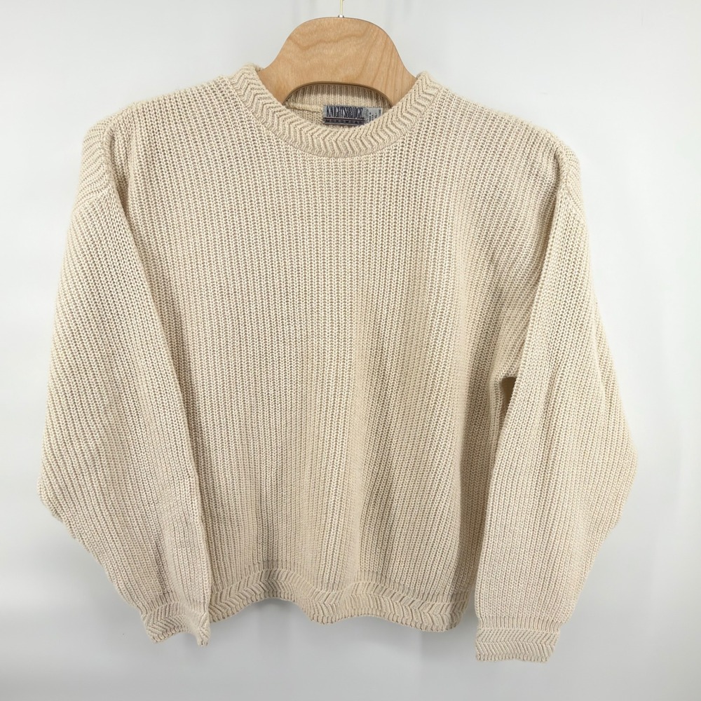 Knightsbridge Sweater Mens XL Cream Chunky Knit Cotton Made in USA Shaker Stitch